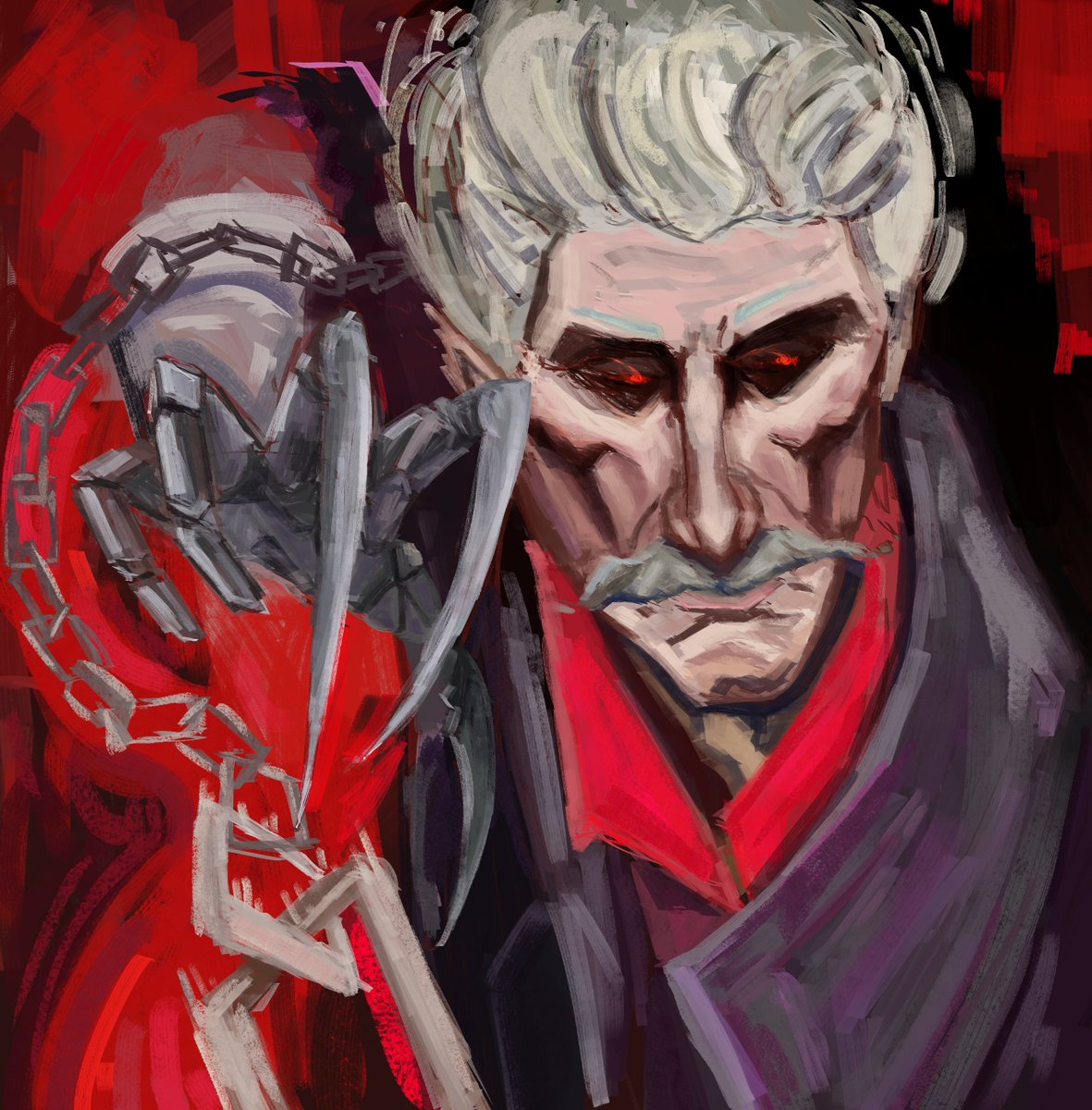 Artist's rendition of a new hero concept, likely Ripper or GrafBased on in-game screenshots, he appears to be a vampire with a missing arm, possibly linked to the Baxter Society & wearing a purple shirt with a dark tailcoat.(VIA. @strvmpetss @MlNESWEEPER) https://t.co/blygo8Zkdz